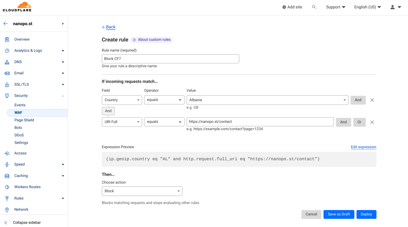 Cloudflare WAF country blocking rule configuration