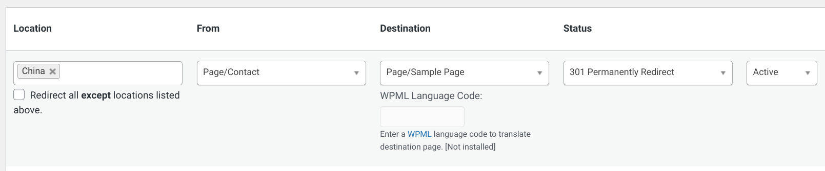 IP2Location Redirection configuration screen