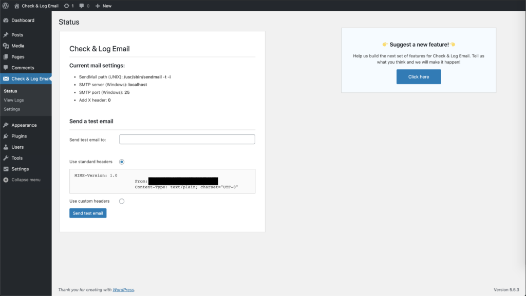 The main Check & Log Email screen