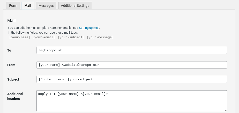 CF7 Mail tab showing a Reply-To header in Additional Headers