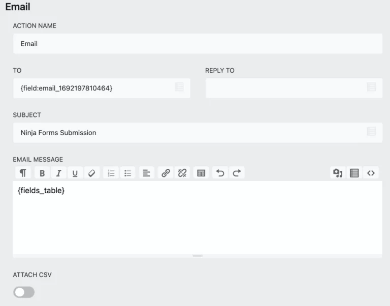 Ninja Forms email action settings with a merge tag in the Reply To field