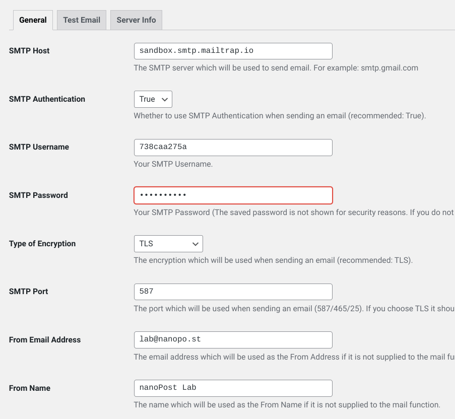 Mailtrap mailer settings