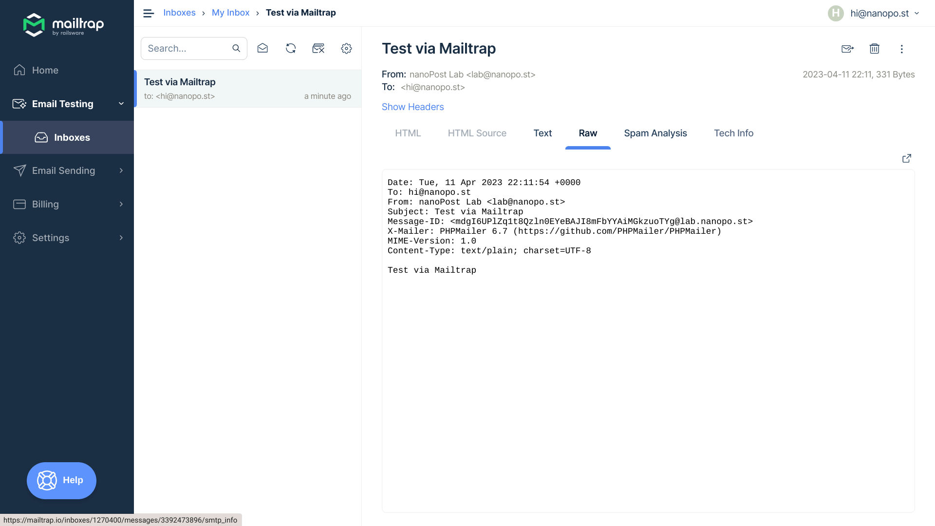 Mailtrap view message