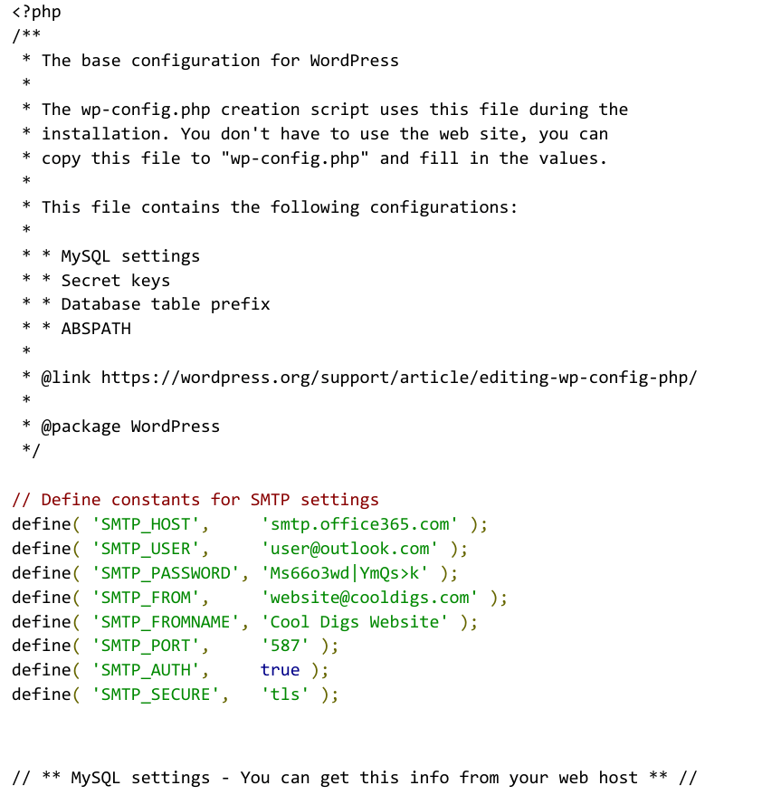 SMTP without a plugin wp-config.php settings