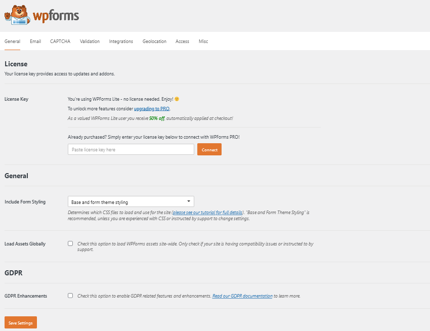 WPForms general settings screen