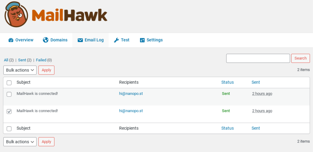 MailHawk email log