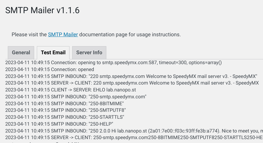 SMTP Mailer session log